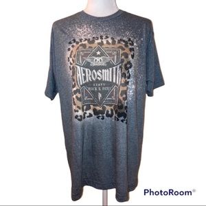 Aerosmith Graphic Tee Bleach Splatter Leopard Print Blue Gray Large